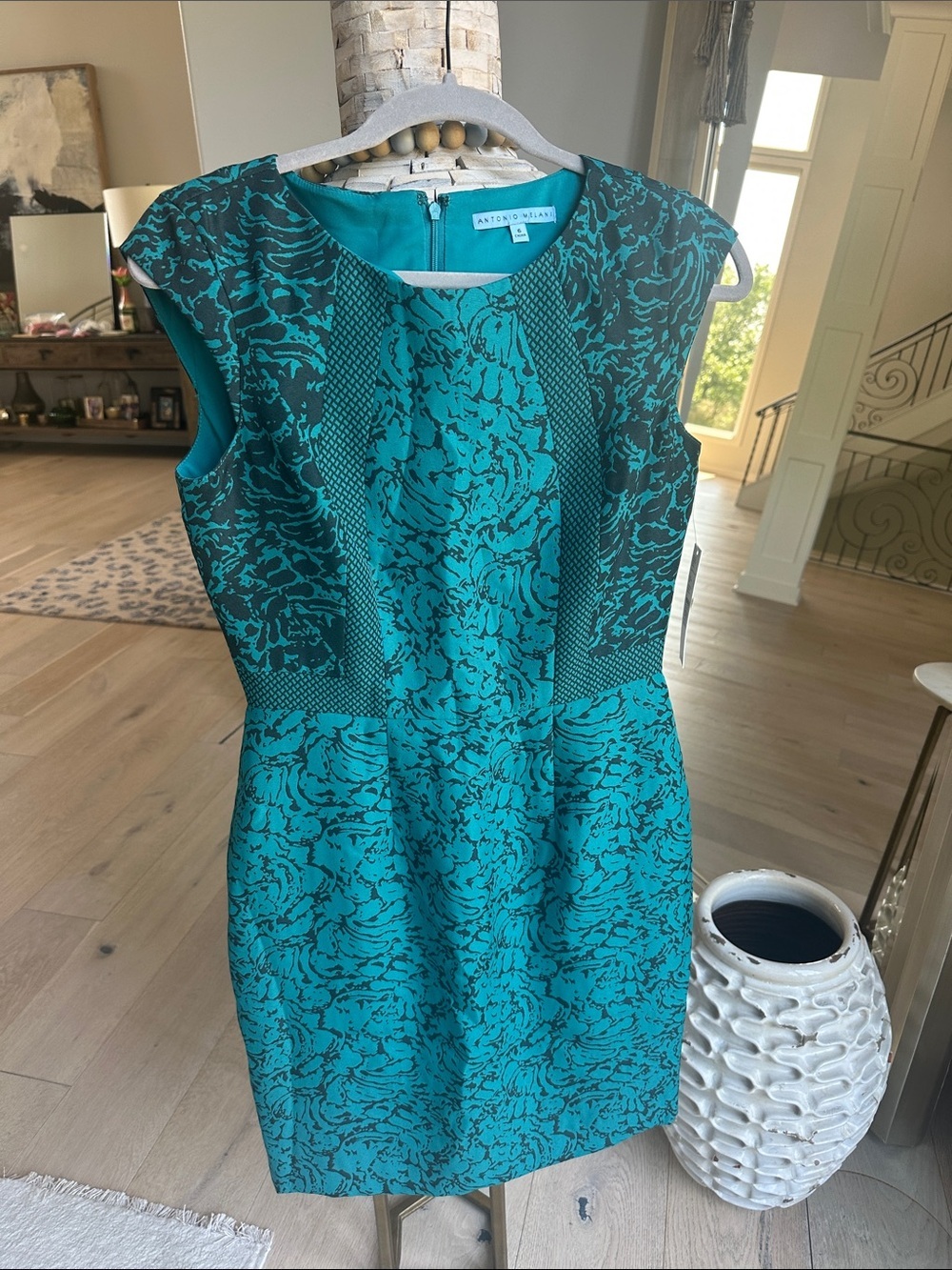 ANTONIO MELANI Teal and Black Patterned Cap-Sleeve Sheath Dress